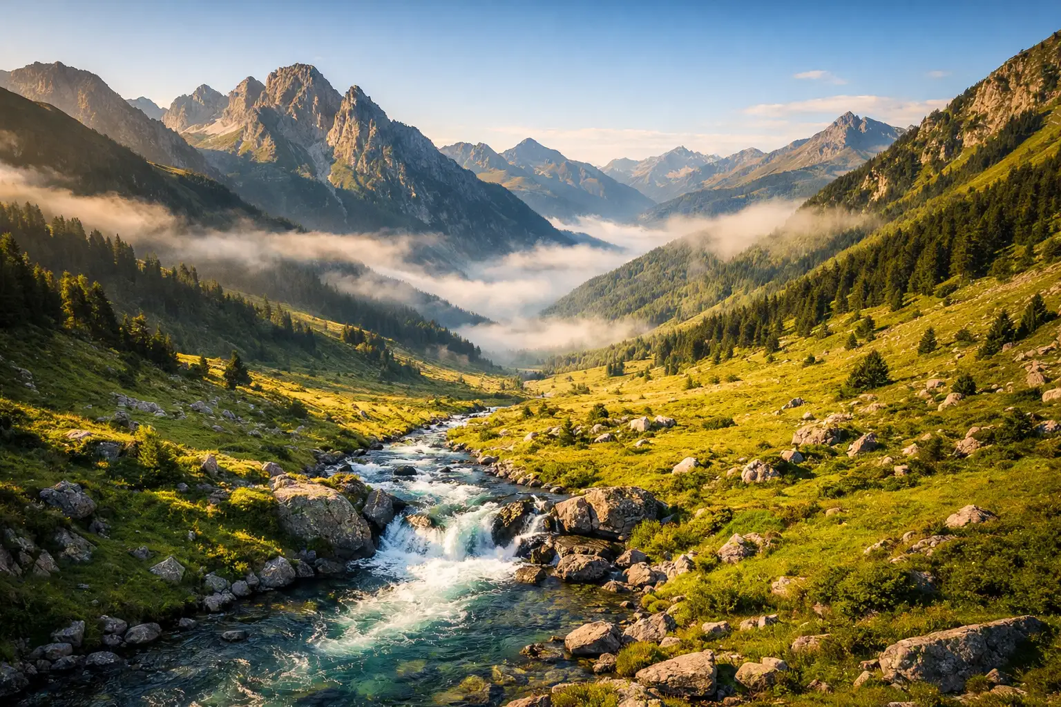 Paysage des Pyrénées avec rivière - Pyrénées Eau